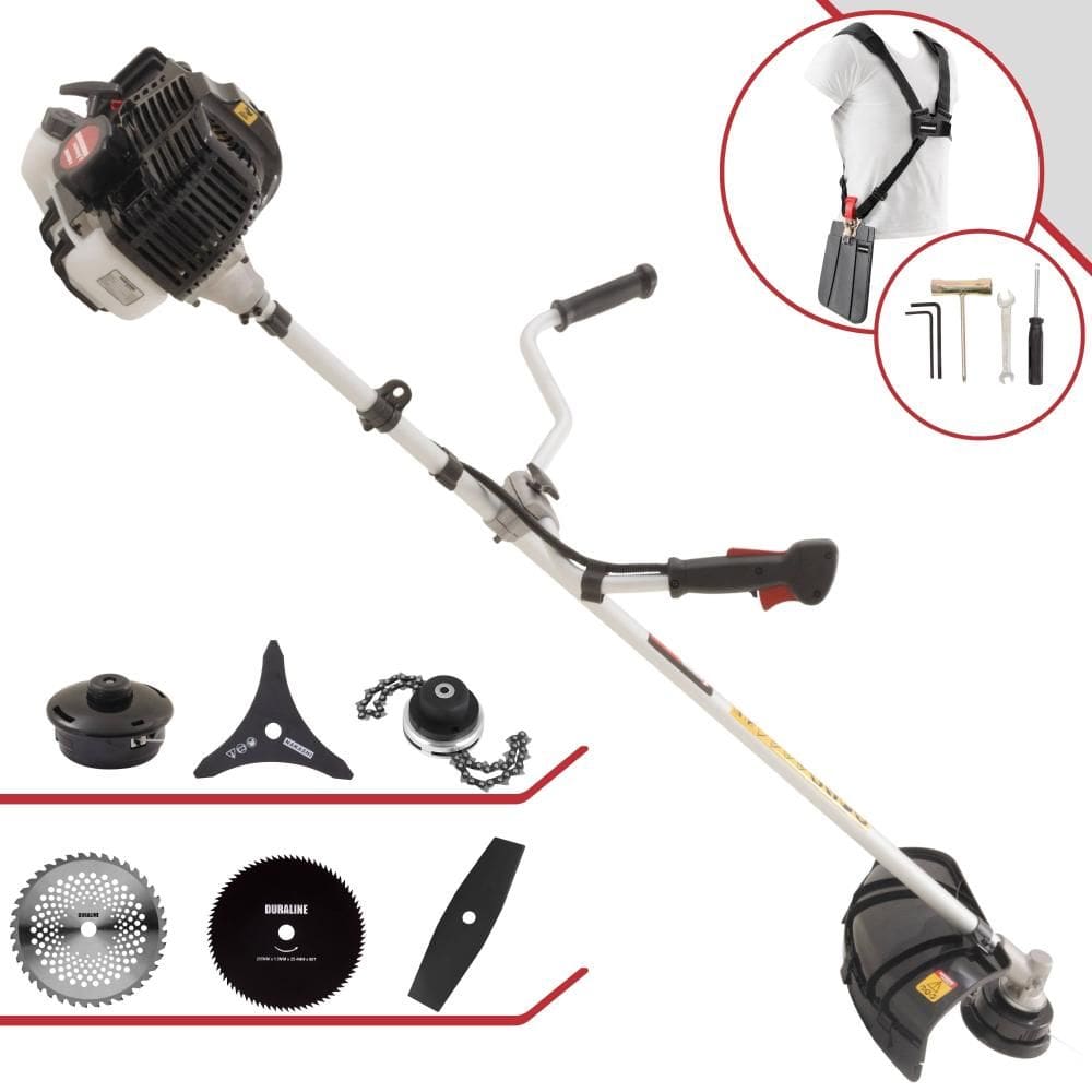 Roçadeira Robusta Kawashima KW52-LE À Gasolina 2T 52cc 2,5HP 6 Opções de Corte Com Facas 2 Pontas, 3 Pontas, 40 Dentes, 80 Dentes, Trimmer e Carretel