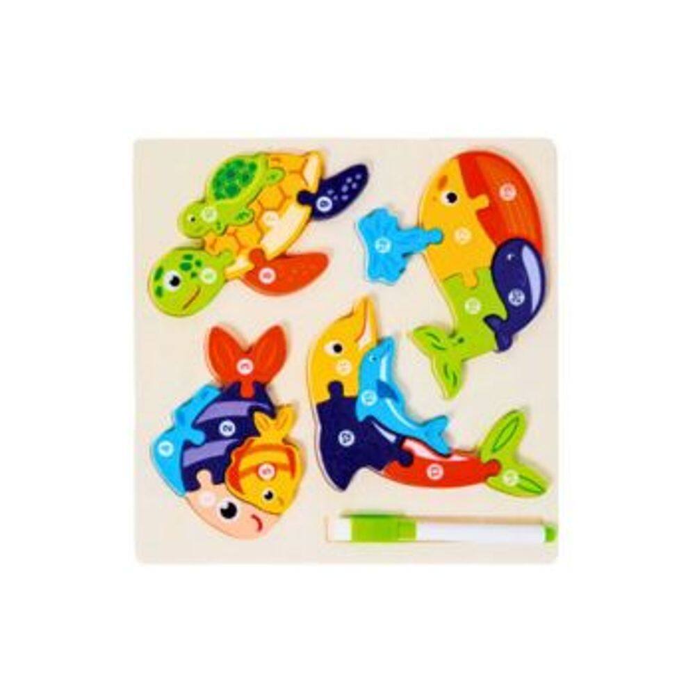 Quebra Cabeca Filhotes e Quadro Branco MDF Fundo do Mar Oceano Marinho Toymix Brinquedo Didatico