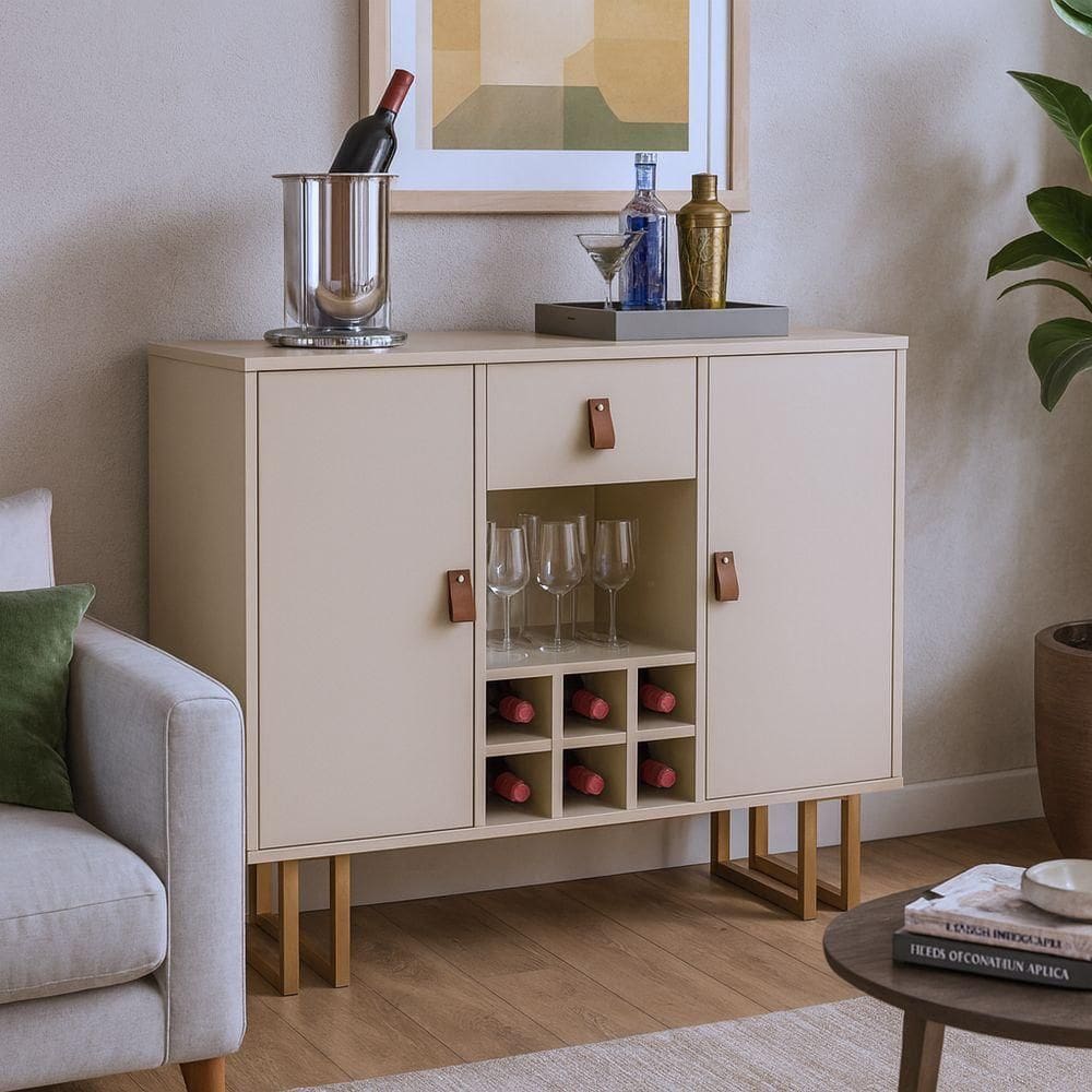 Buffet Com Adega Off White E Pés Metálicos Dourados Moderno