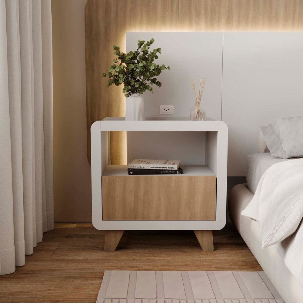 Mesa de Cabeceira 55cm com Gaveta e Nicho 100% Mdf Padrão Planejados Mabel Branco/ Louro Freijó Grann