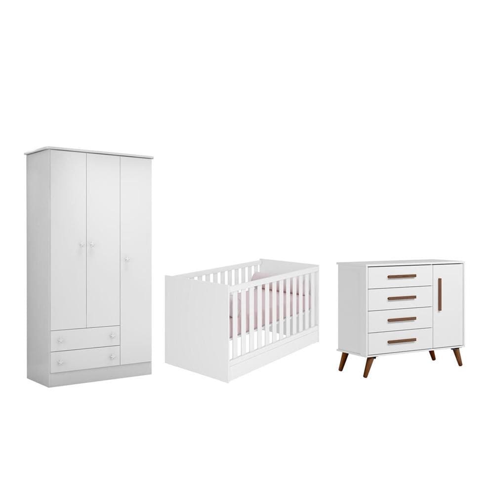 Quarto Infantil Guarda Roupa, Cômoda Sapateira e Berço Mini Cama Americano Branco - FdECOR