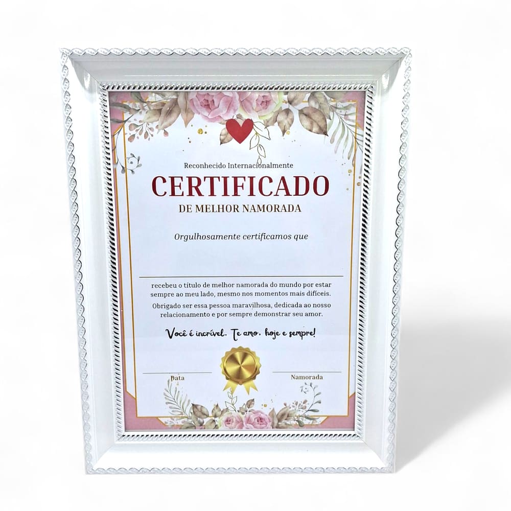Certificado de Melhor Namorada com Moldura Branca Presente