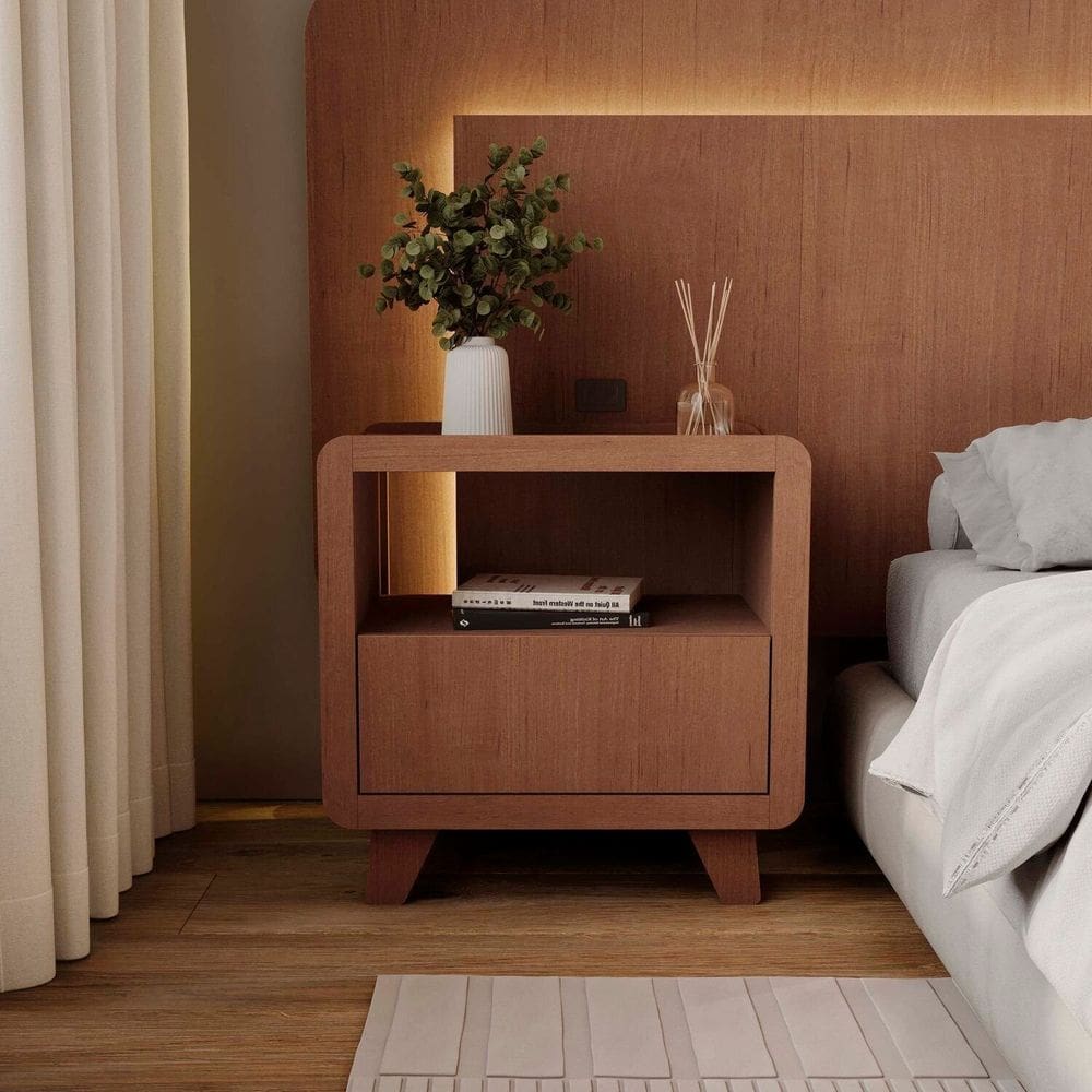 Mesa de Cabeceira 55cm com Gaveta e Nicho 100% Mdf Padrão Planejados Mabel Castanho