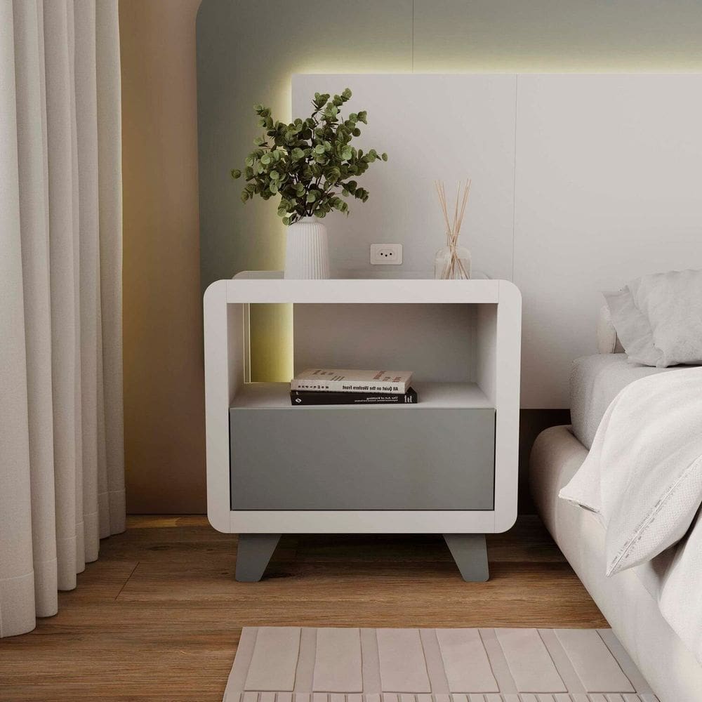 Mesa de Cabeceira 55cm com Gaveta e Nicho 100% Mdf Padrão Planejados Mabel Branco/ Verti
