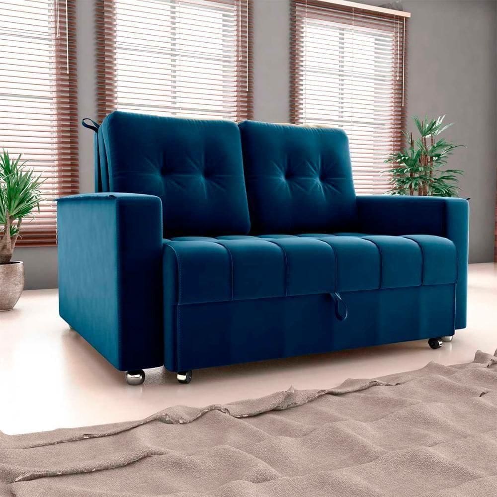 Sofá Cama Reclinável 2 Lugares Com Almofadas 140 Lag Drika Matrix Veludo Azul