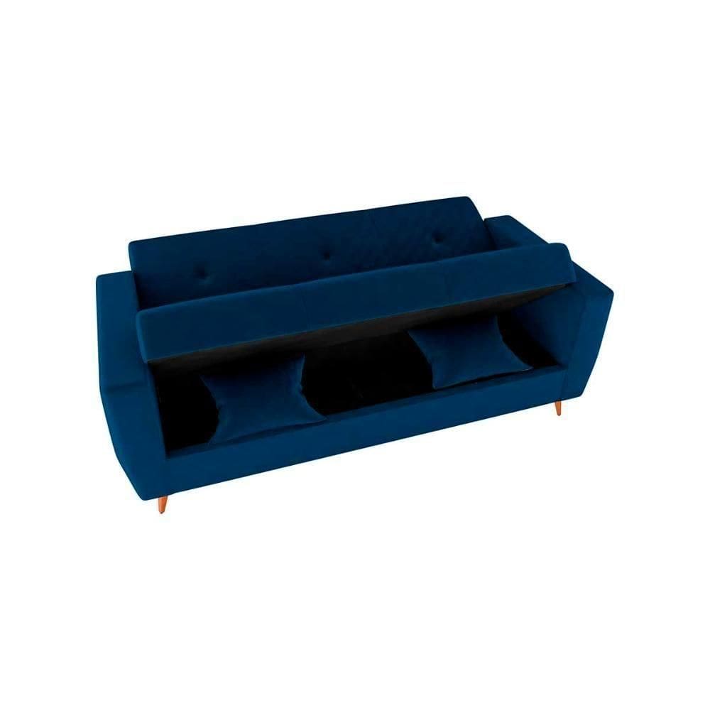 Sofá Cama Casal Premium 3 Lugares Com Baú 2,08 Larg Pamela Matrix Veludo Azul