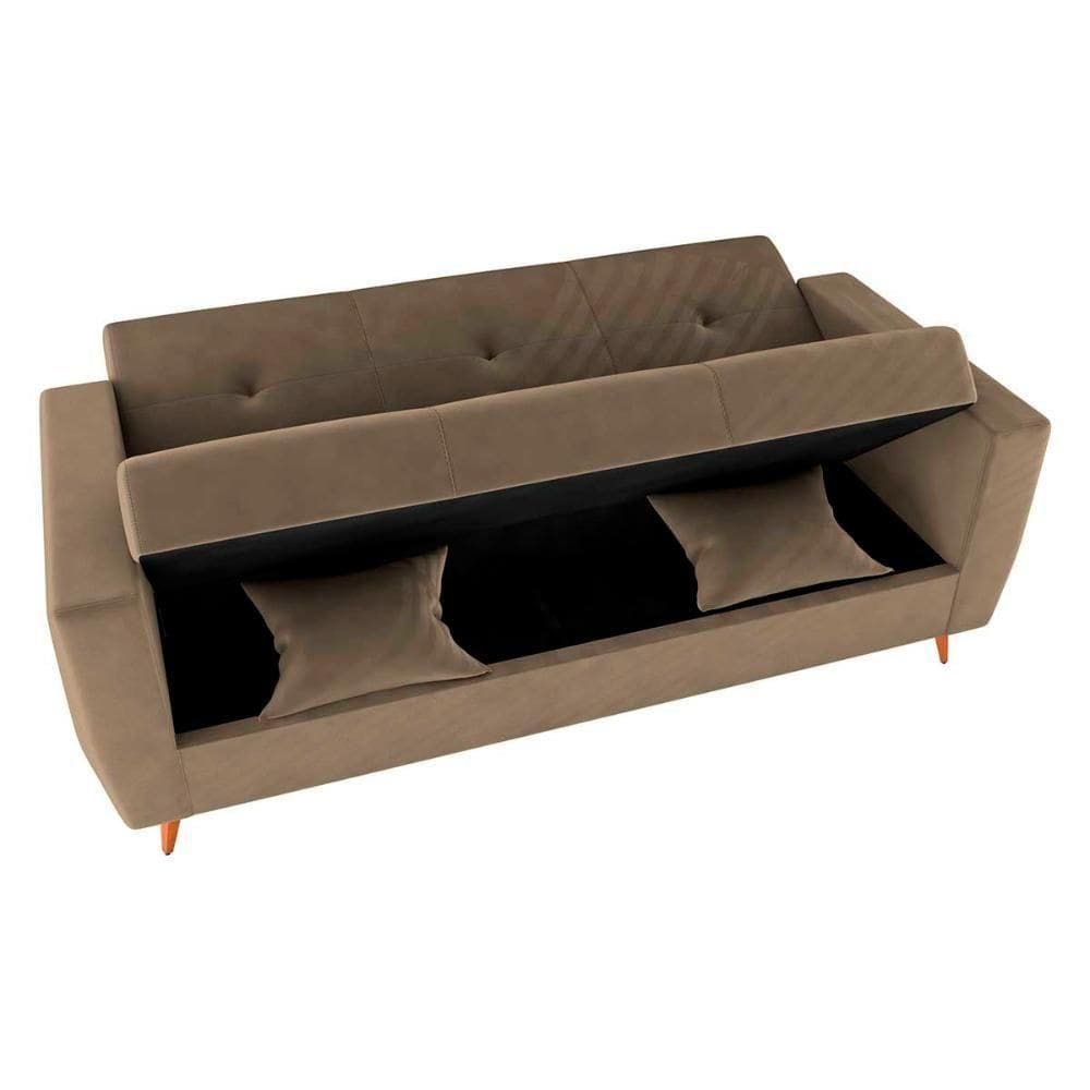 Sofá Cama Casal Premium 3 Lugares Com Baú 2,08 Larg Pamela Matrix Veludo Capuccino
