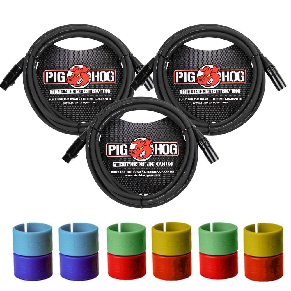 3x Cabo de microfone XLR Pig Hog de 8 mm macho para fêmea Cabo de microfone premium totalmente balanceado de 10 pés + anéis de identificação coloridos