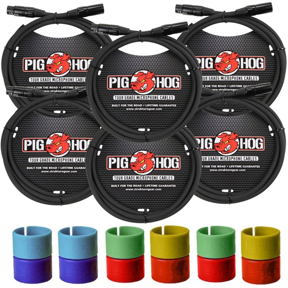 6x Cabo de microfone XLR Pig Hog de 8 mm macho para fêmea Cabo de microfone premium totalmente balanceado de 6 pés + anéis de identificação coloridos
