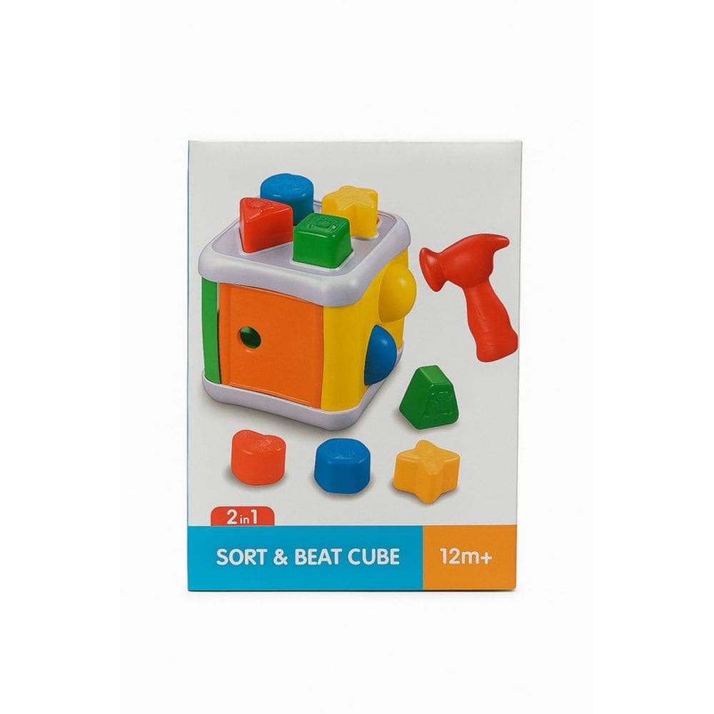 Cubo de Encaixe Sort & Beat Cube 2 em 1 com Encaixe e Martelinho – 12 Meses+