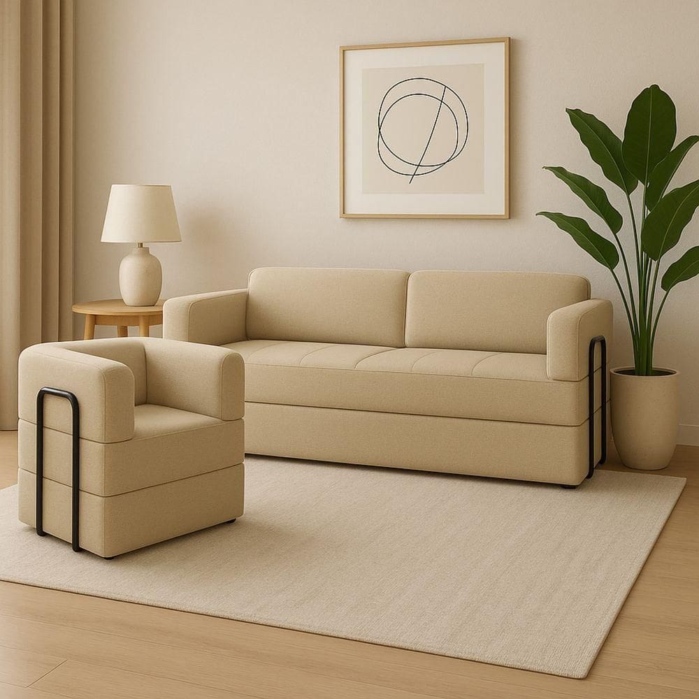 Kit Sofá E Poltrona Na Caixa Modular Soft Para A Sala Bege