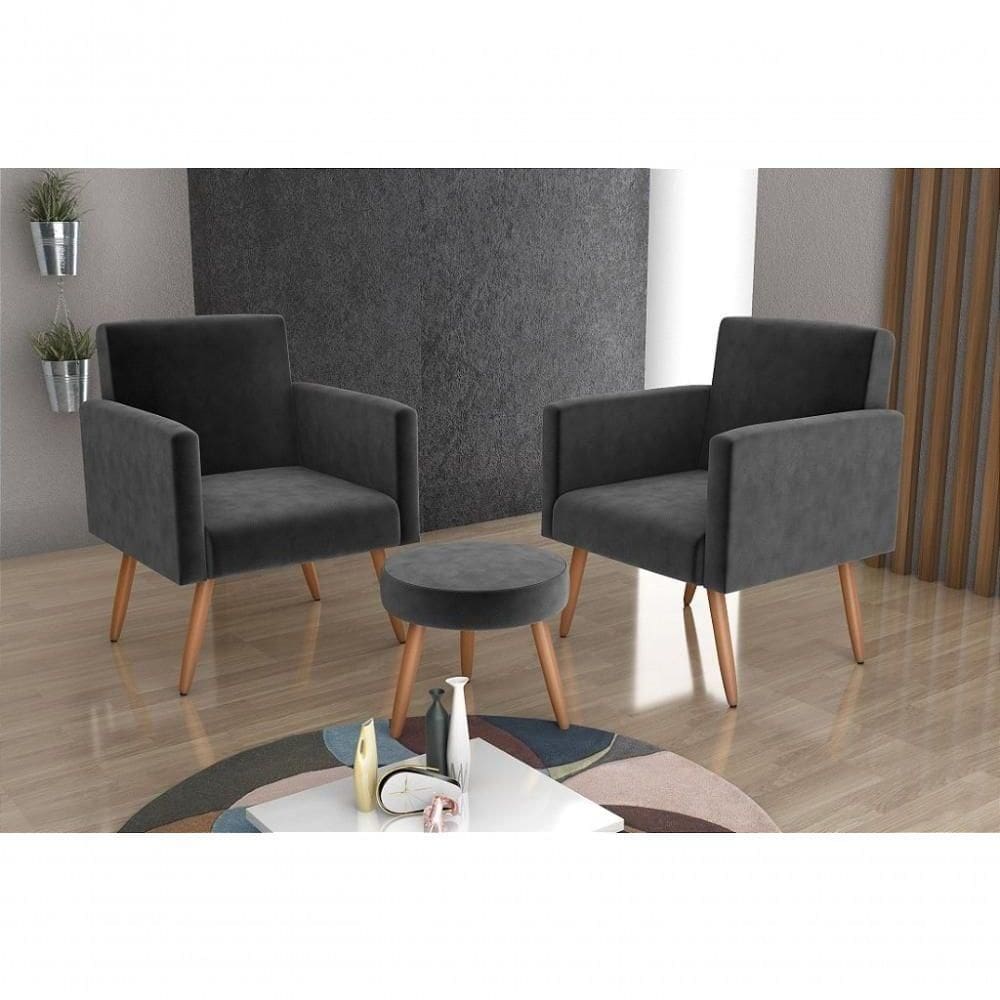 Kit 2 Poltronas Decorativas E Puff Decorativo Pés Palito Dallas Matrix Veludo Maserati Cinza