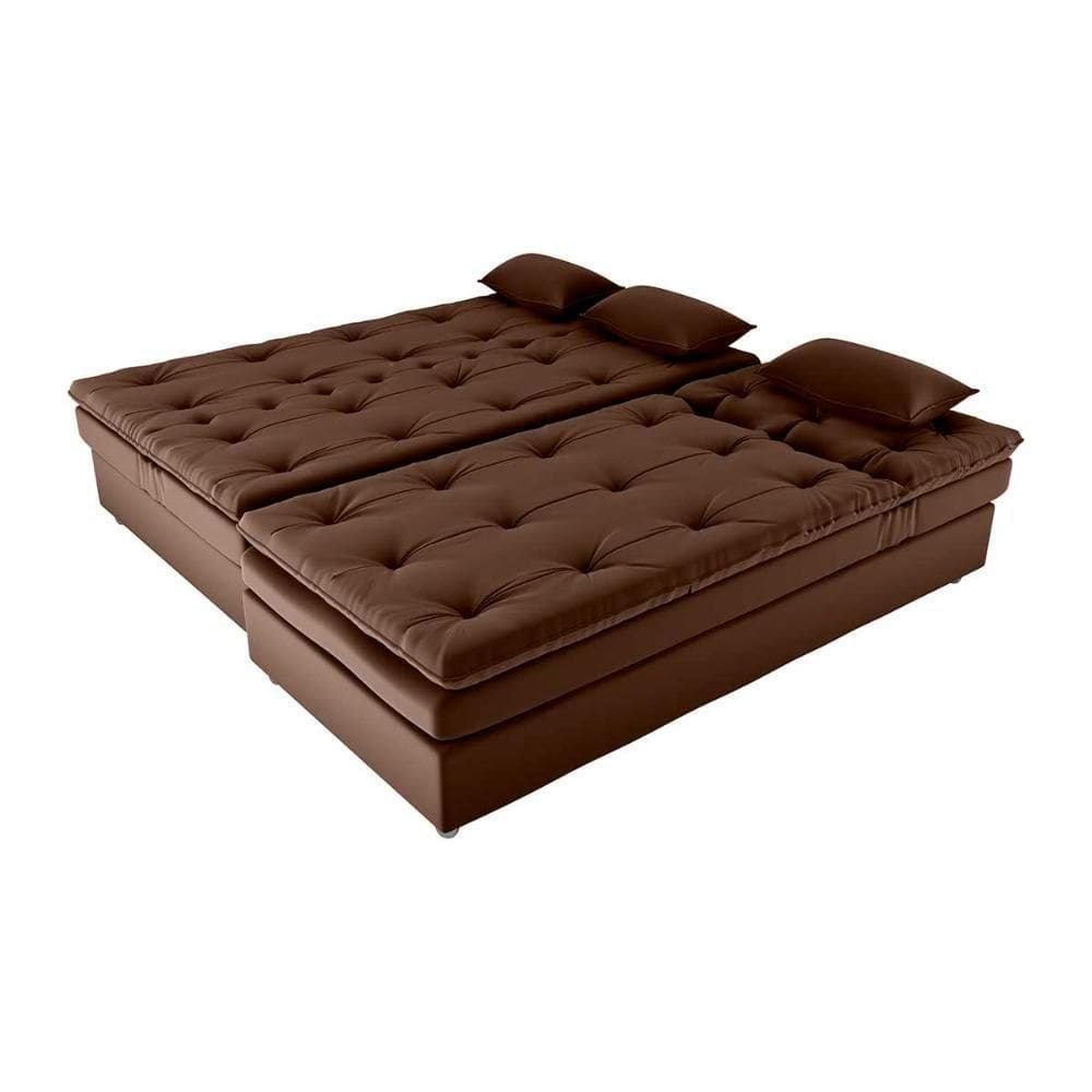 Conjunto Sofá Cama 3 Lugares Com Pillow Top E Chaise Penelope Matrix Veludo Marrom