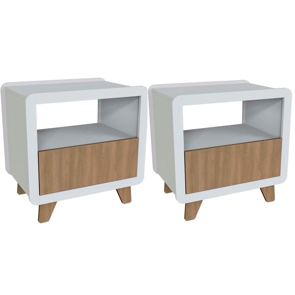 Conjunto 2 Mesas de Cabeceira 55cm com Gaveta e Nicho 100% Mdf Padrão Planejados Mabel Branco/ Louro Freijó Grann