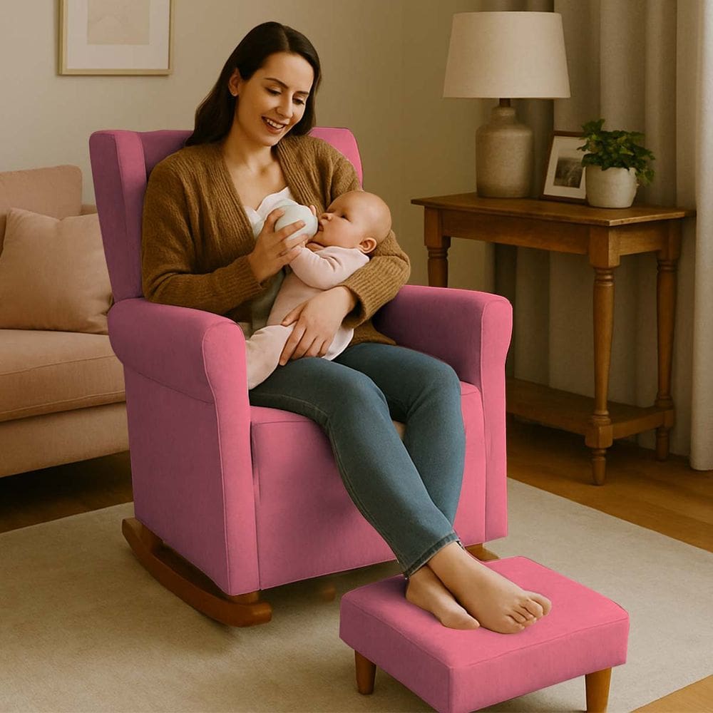 Poltrona Aquila Amamentação Balanço e Puff Baby Rosa