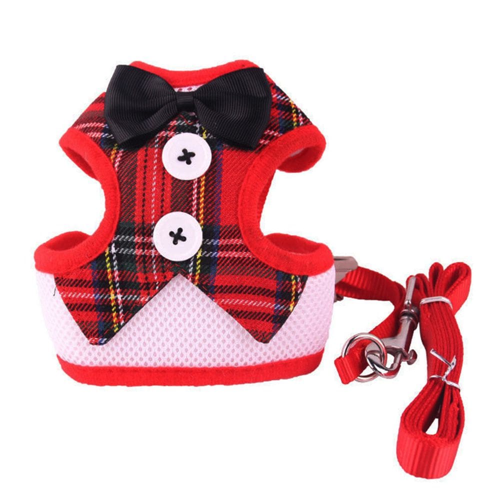 Coleira Peitoral Xadrez Vermelha C/ Gravata Cao Gato Pet