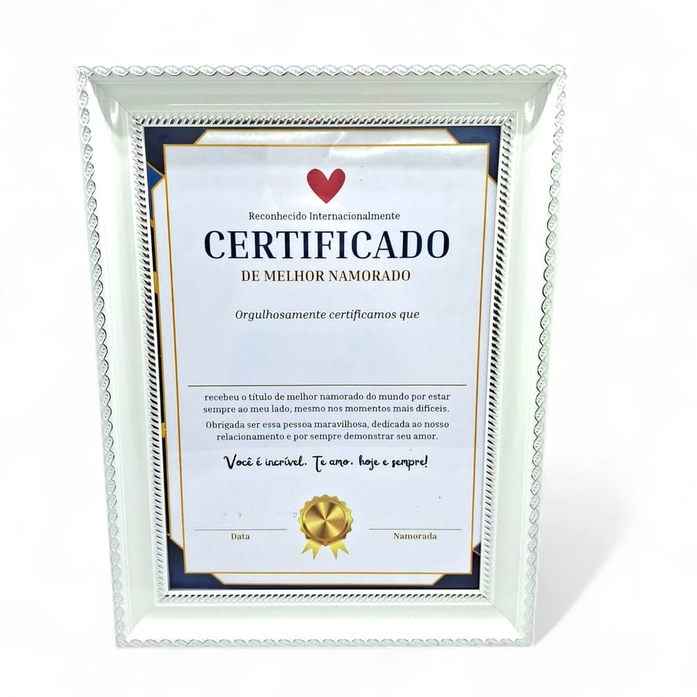 Certificado de Melhor Namorado com Moldura Branca Presente