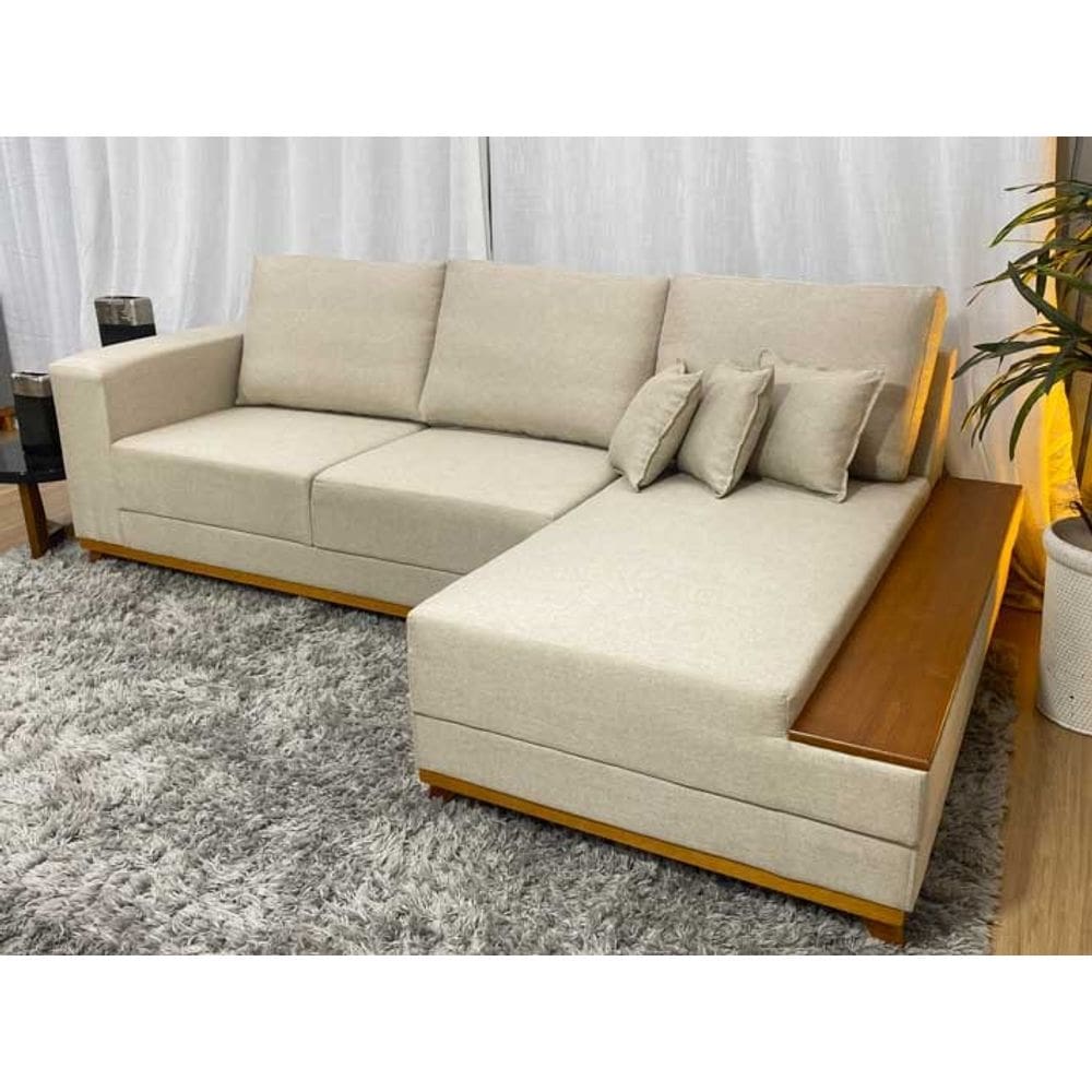 Sofá 3 Lugares 2,50 m Bege Linho Chaise Maya