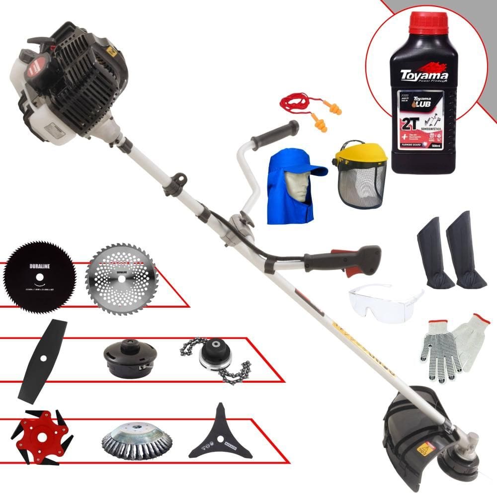 Roçadeira Kawashima KW52-LE 2,5HP 52cc + Facas 2 Pontas, 3 Pontas, 6 Pontas, 40 Dentes, 80 Dentes, Trimmer, Carretel e Escova + EPI + ÓLEO TOYAMA 2T