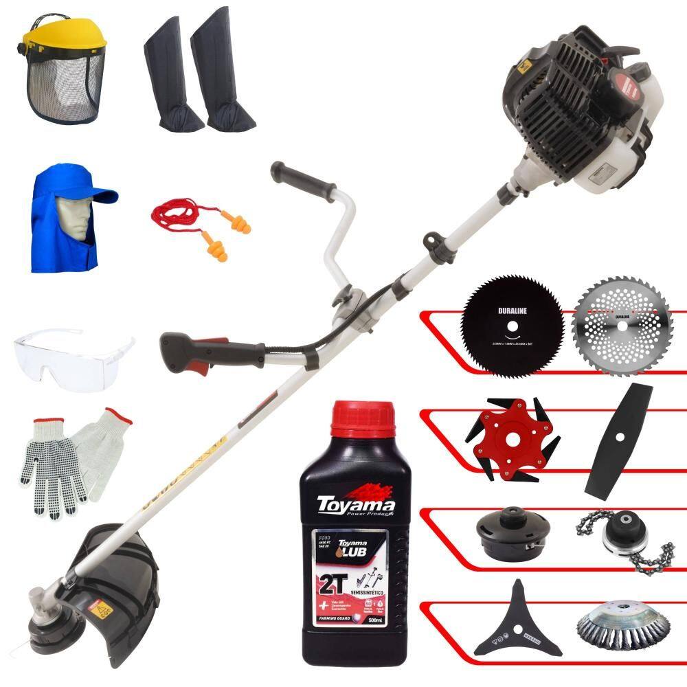 Roçadeira KW52LE Kawashima 52cc Com Carretel + Facas 2 Pontas, 3 Pontas, 6 Pontas, 40 Dentes, 80 Dentes, Trimmer e Escova de Aço + EPI + ÓLEO TOYAMA
