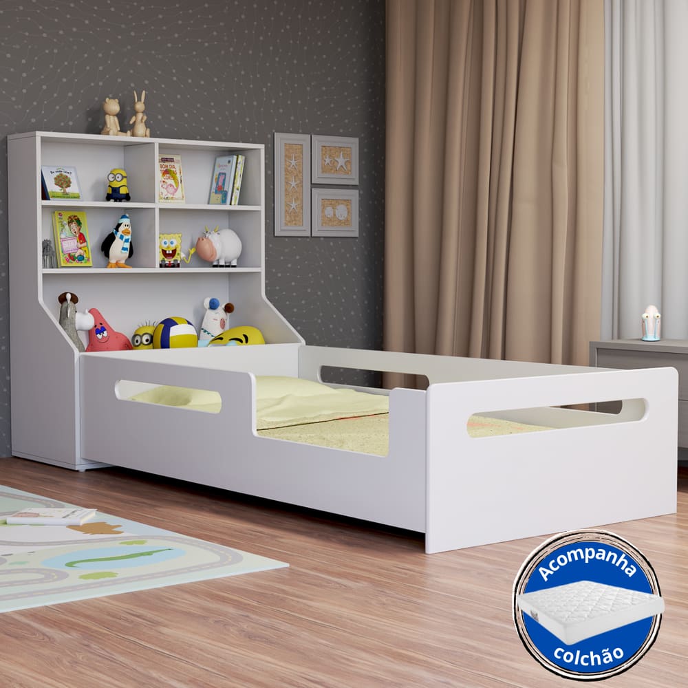 Cama Solteiro Montessori Infantil Com Organizador De Brinquedos E Colchão