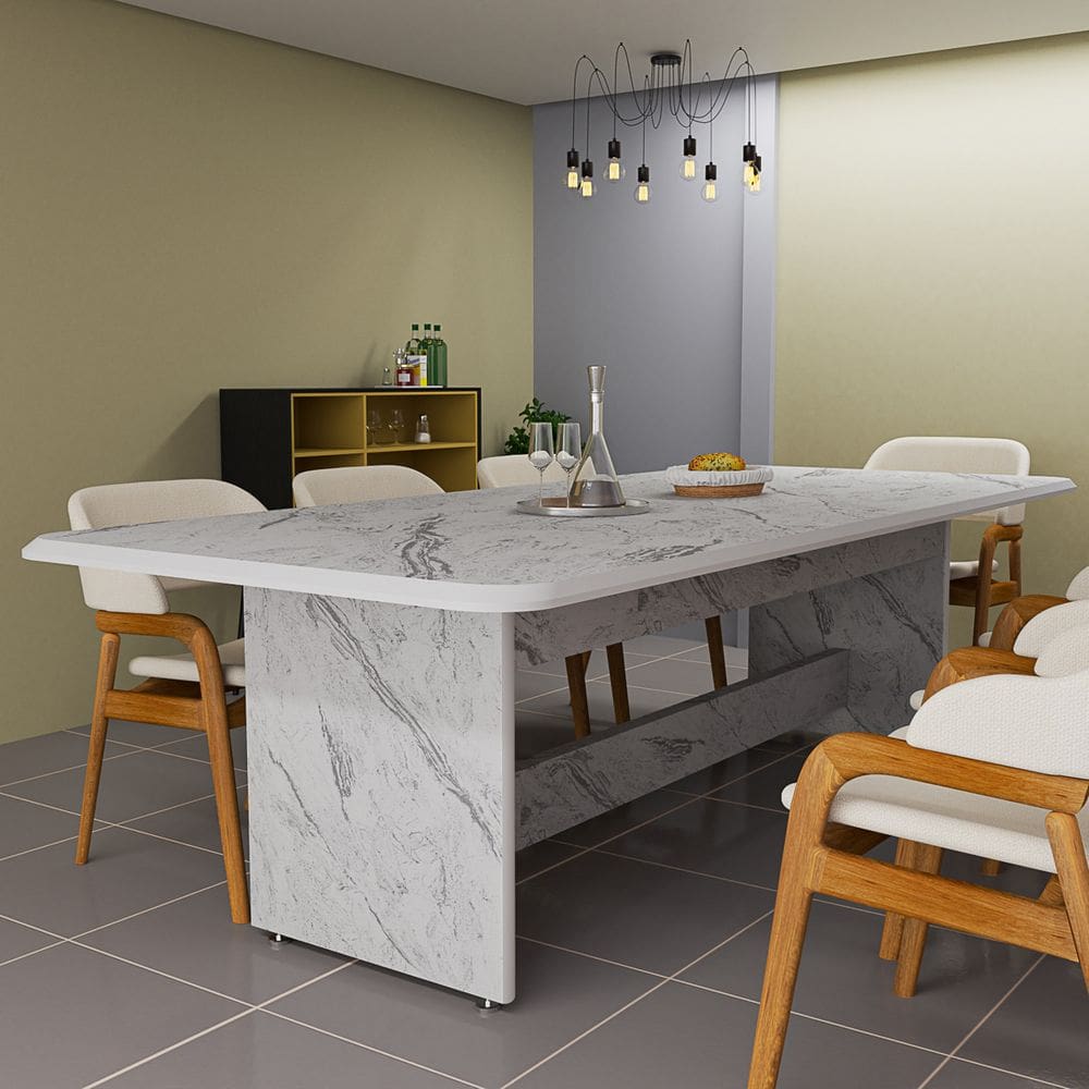 Mesa De Jantar 220cm 8 Lugares Grande Estampa Marmorizada Moderna
