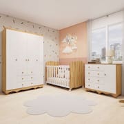 Quarto de Bebê Completo com Guarda-roupa 4 Portas Cômoda e Berço 100% Mdf Mimo Espresso Móveis Branco Brilho/Amêndoa