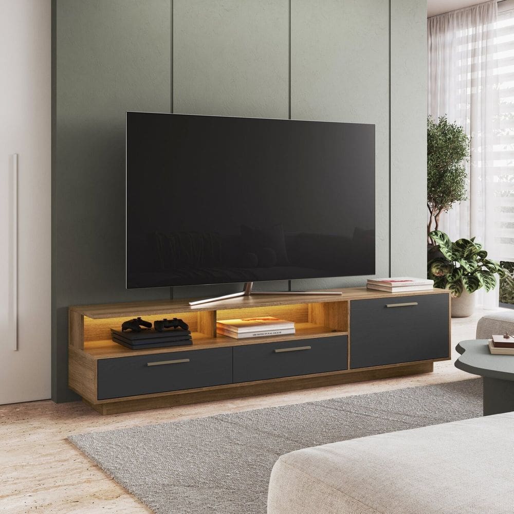 Rack para Tv 75 Polegadas com Iluminação Led Ravenna Sala de Estar Grafite/Mel