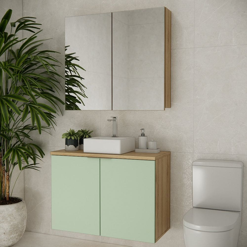 Conjunto de Banheiro com Cuba 90cm X 145cm Marrom Carvalho/ Verde