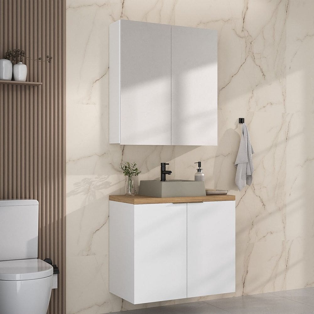 Conjunto de Banheiro com Cuba 75cm X 145cm Marrom Branco / Carvalho