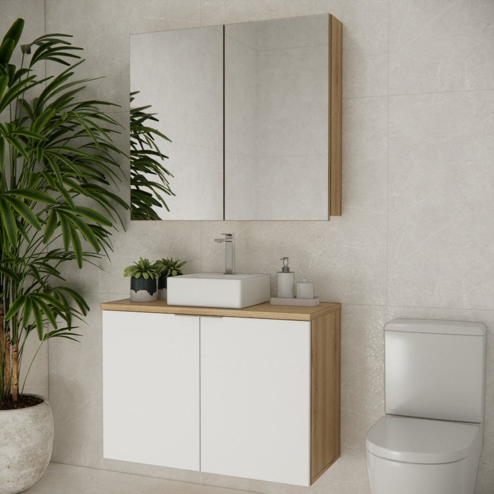 Conjunto de Banheiro com Cuba 90cm X 145cm Marrom Carvalho /Branco