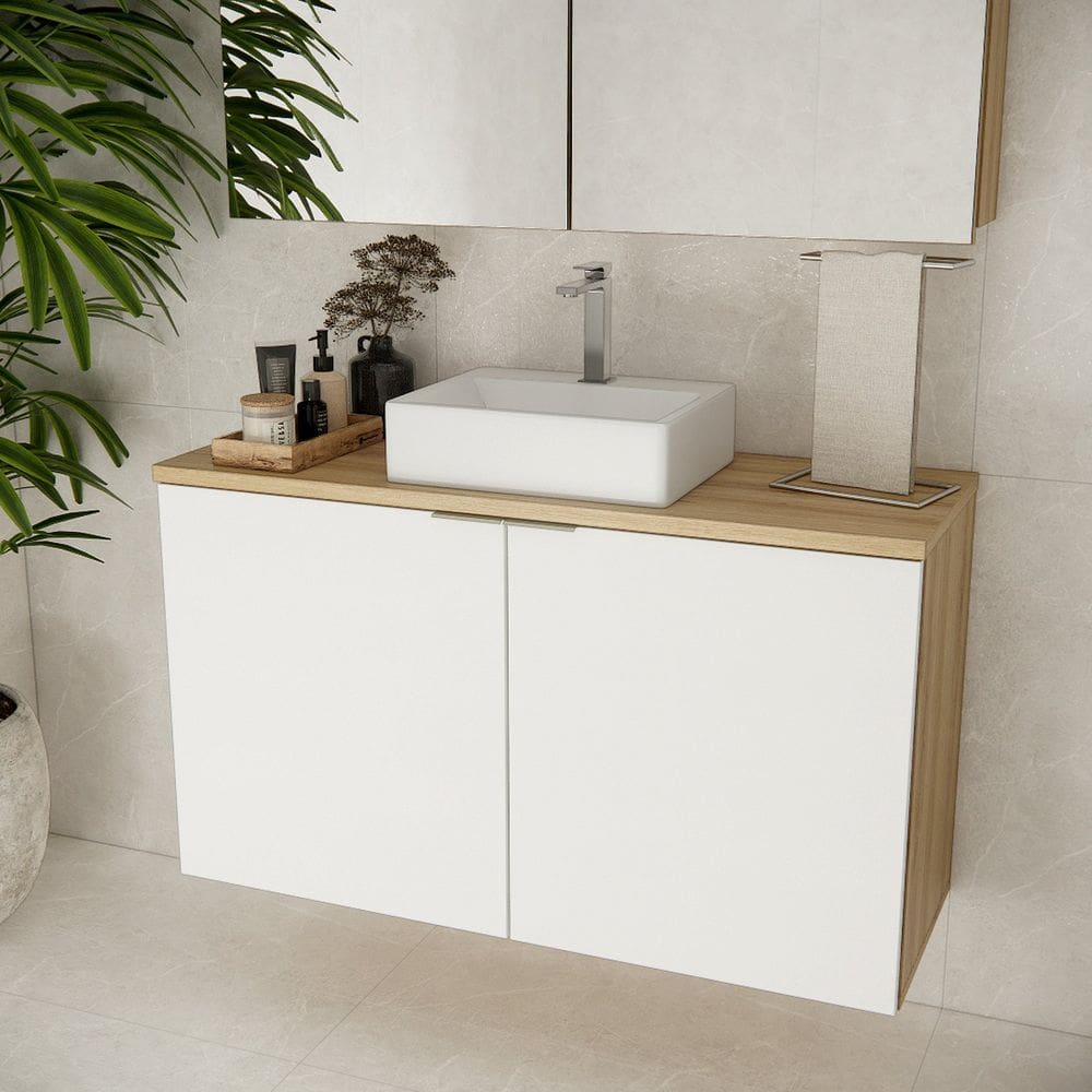 Gabinete de Banheiro com Cuba 110cm 65cm Marrom Carvalho / Branco
