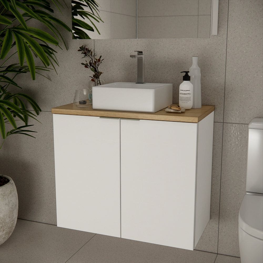 Gabinete de Banheiro com Cuba 75cm X 65cm Marrom Branco / Carvalho