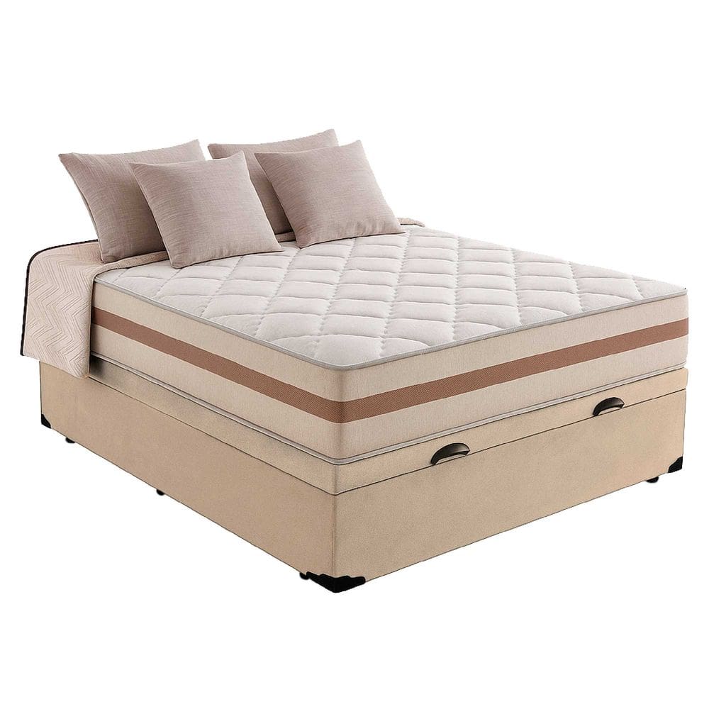 Cama Box Baú Casal Suede Bege com Colchão Pillow Angel Molas Ensacadas 63x138x188