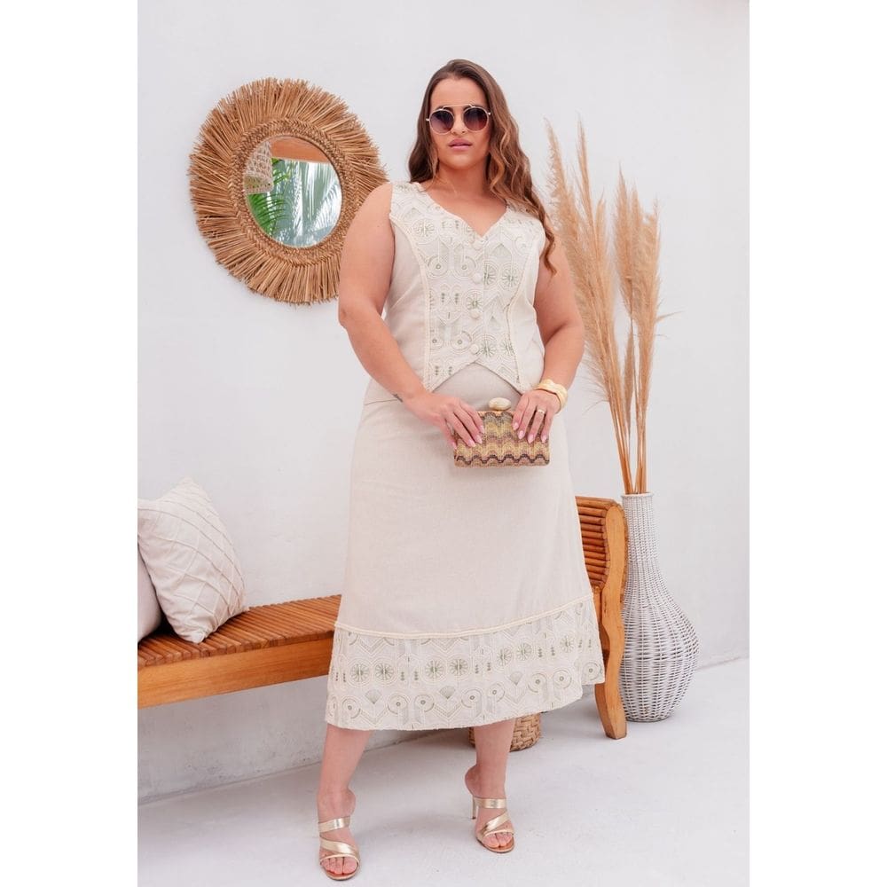 Conjunto Social Plus Size Saia Midi e Colete