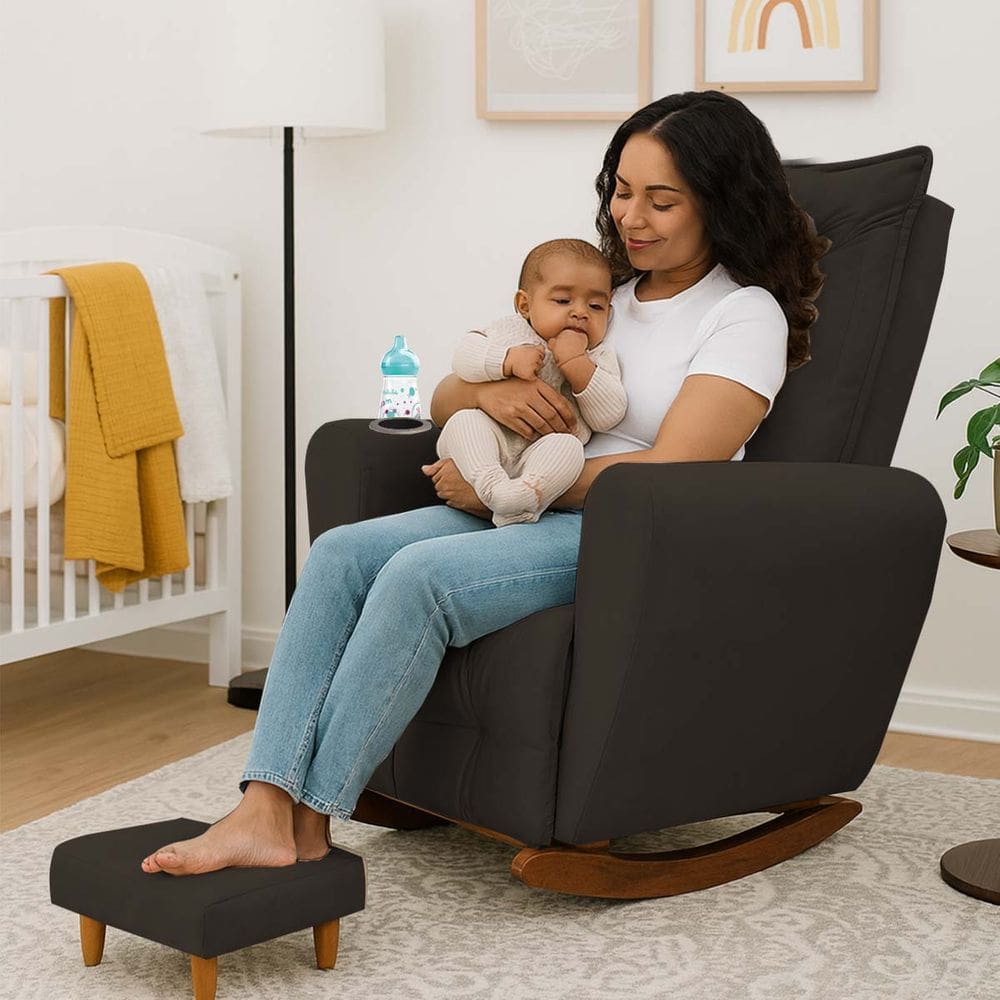 Poltrona Cadeira de Amamentação Balanço e Puff Ternura Marrom
