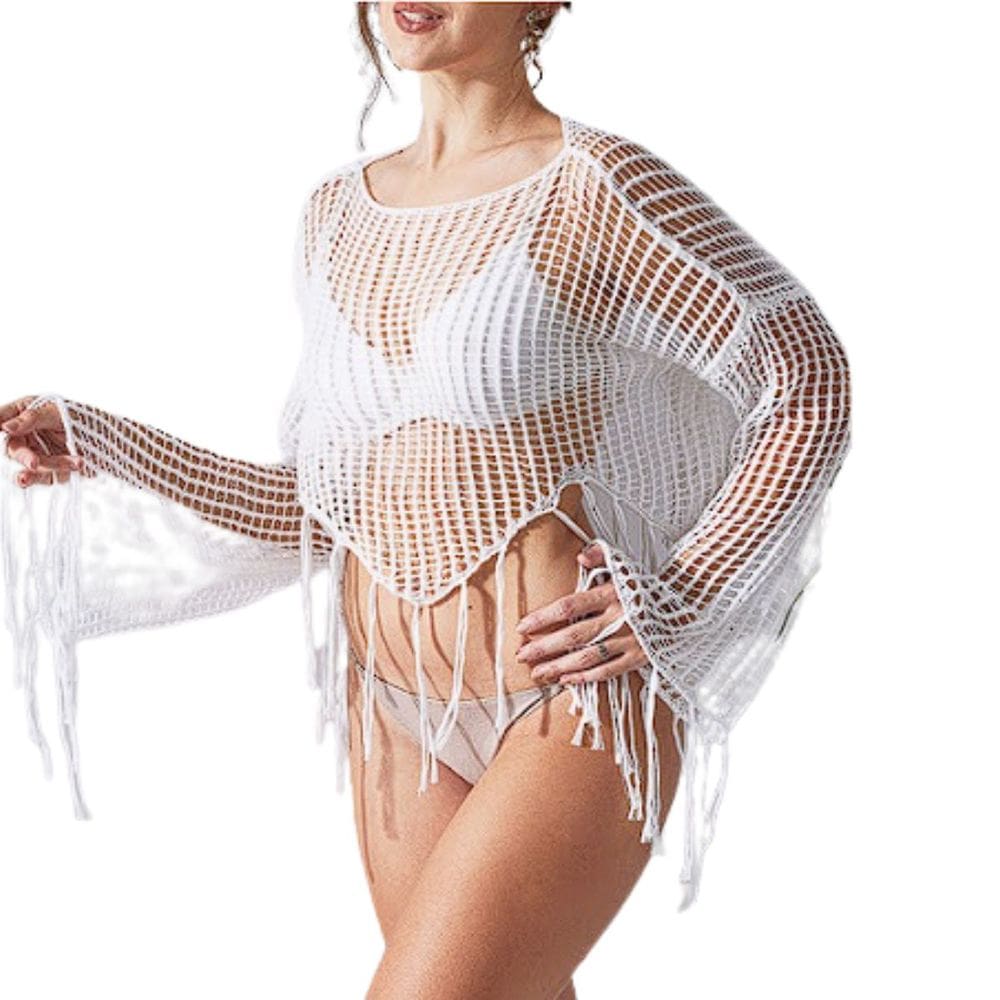 Saída de Praia Crochê Tela com Franjas Feminina