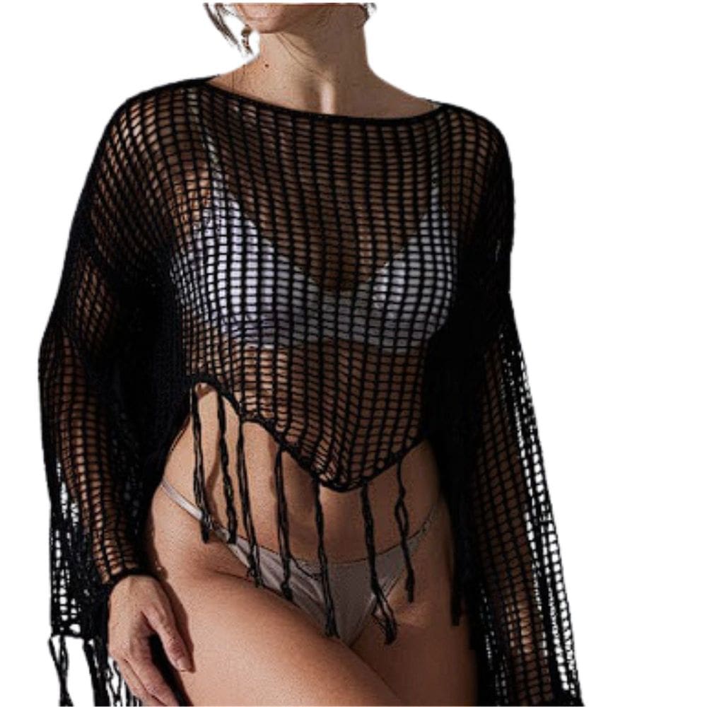 Saída de Praia Crochê Tela com Franjas Feminina
