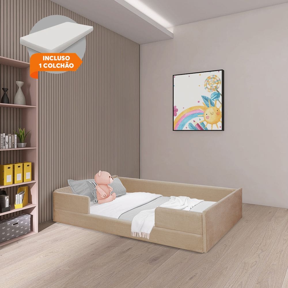 Cama Montessoriana de Criança com Colchão Luana em Madeira Maciça com Revestimento em Tecido Bege