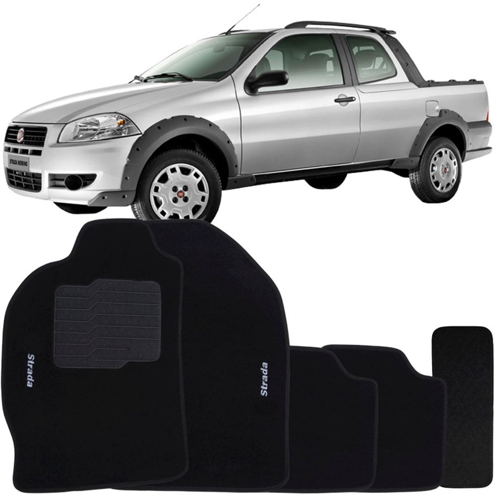 Jogo de Tapete Automotivo Carpete Fiat Strada Cabine Dupla 2007 à 2012 Soft Logo Bordado Preto