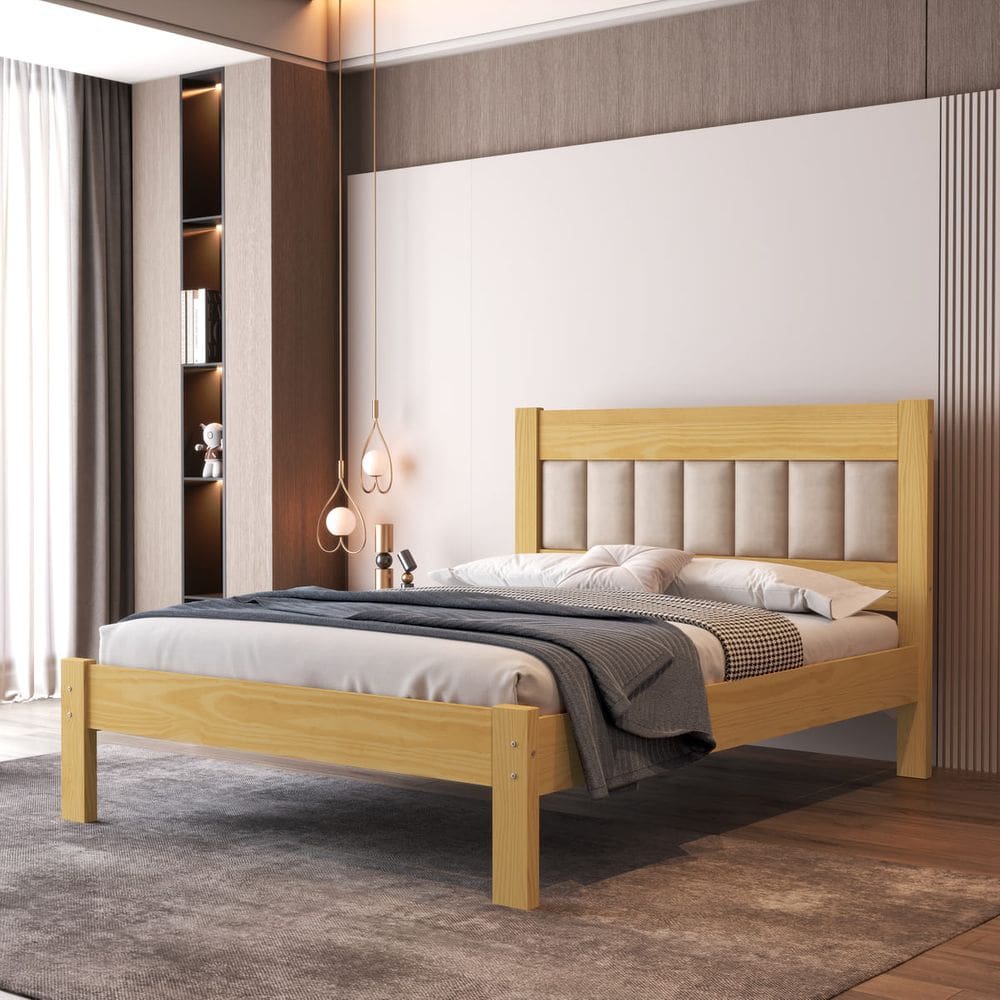 Cama Casal 100% Madeira Maciça Pinus 188x138cm Cabeceira Estofada