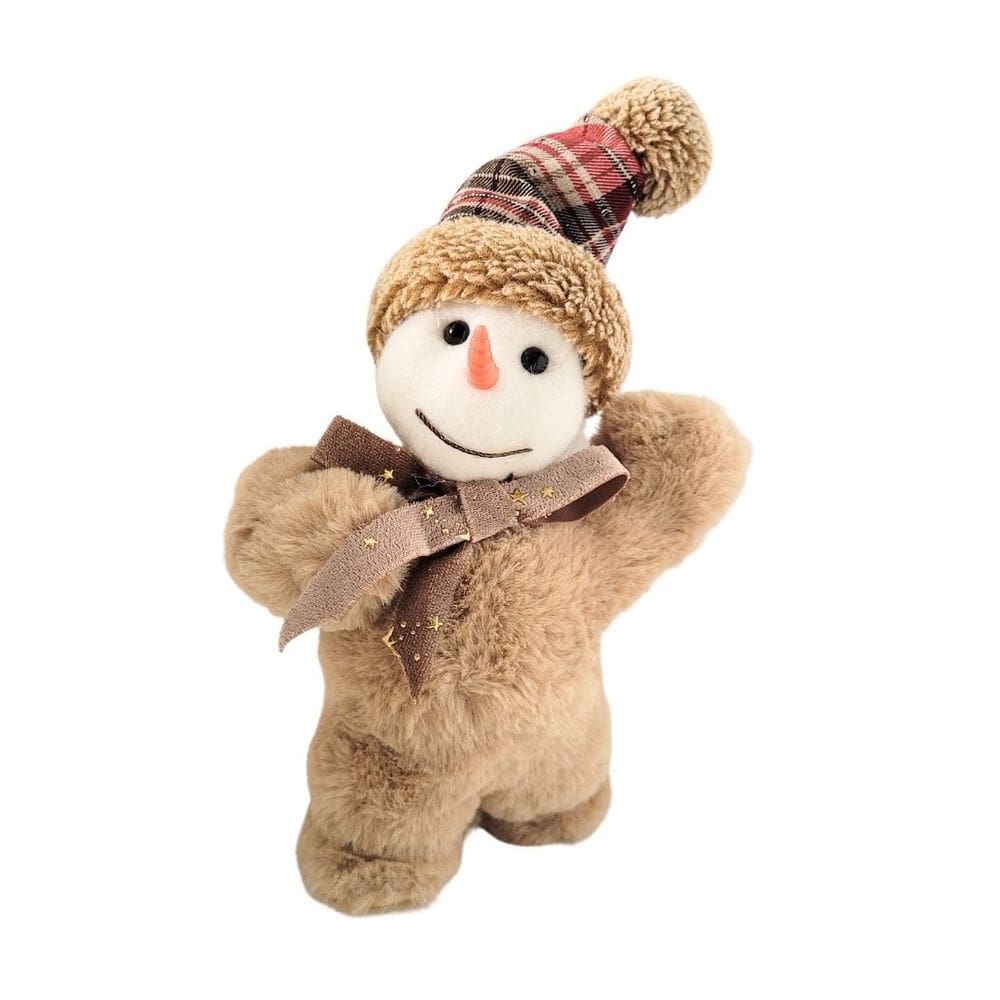 Boneco de Neve Natalino Decorativo Pelúcia Marrom Claro Gorro Xadrez e Nariz de Cenoura 20cm
