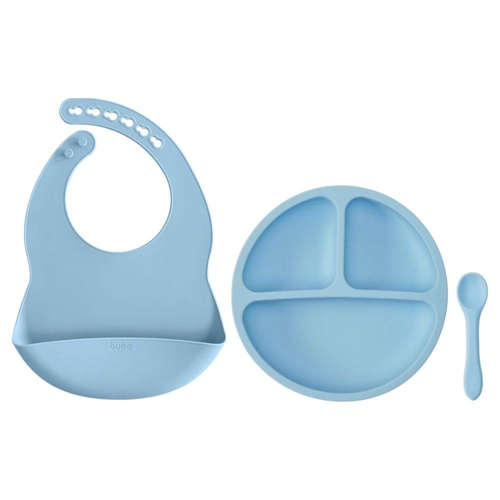 Kit Refeição Bebês Silicone Prato com Ventosa 3 Divisórias Babador Bolso Pega Migalhas Buba