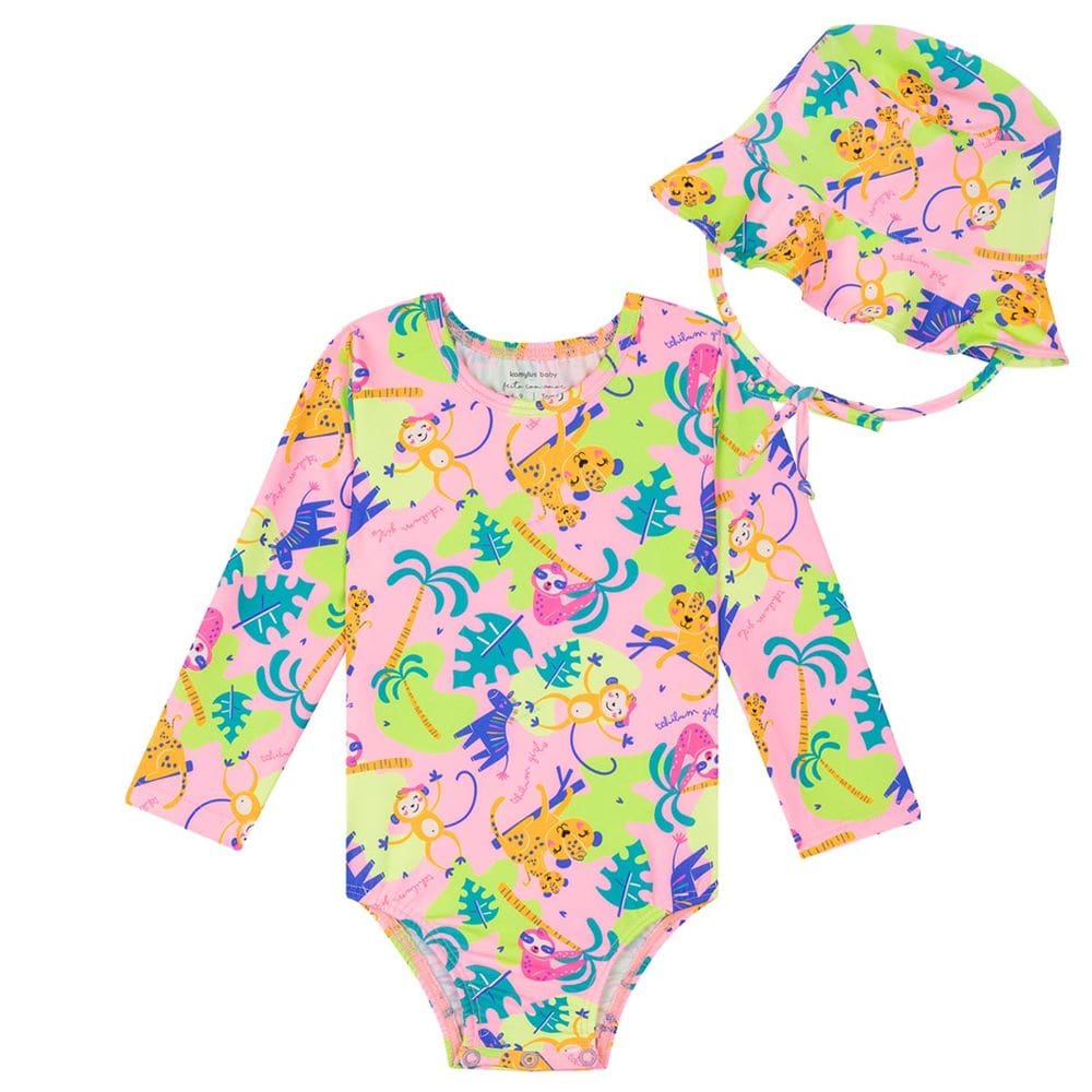 Maiô Manga Longa Bebê com Chapéu Proteção UV50+ Safari Rosa Kamylus