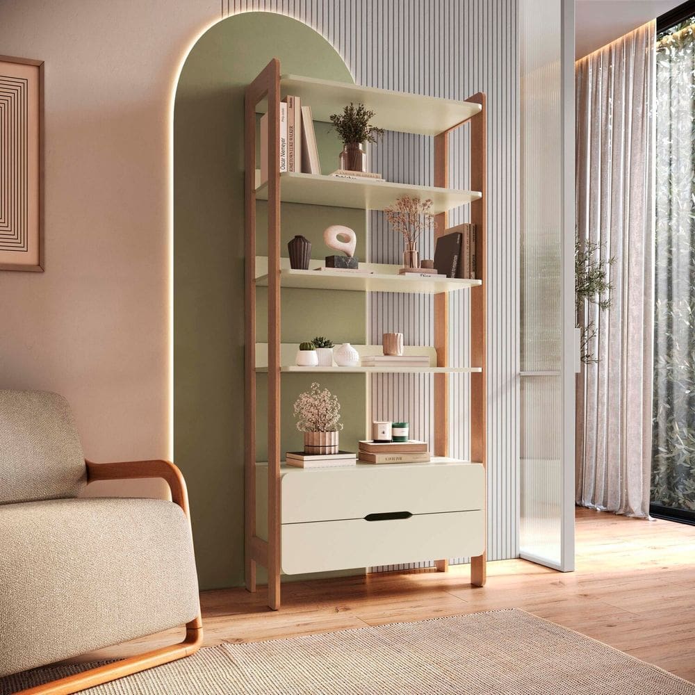 Estante com 2 Gavetas 100% Mdf Elvis Off White/ Castanho
