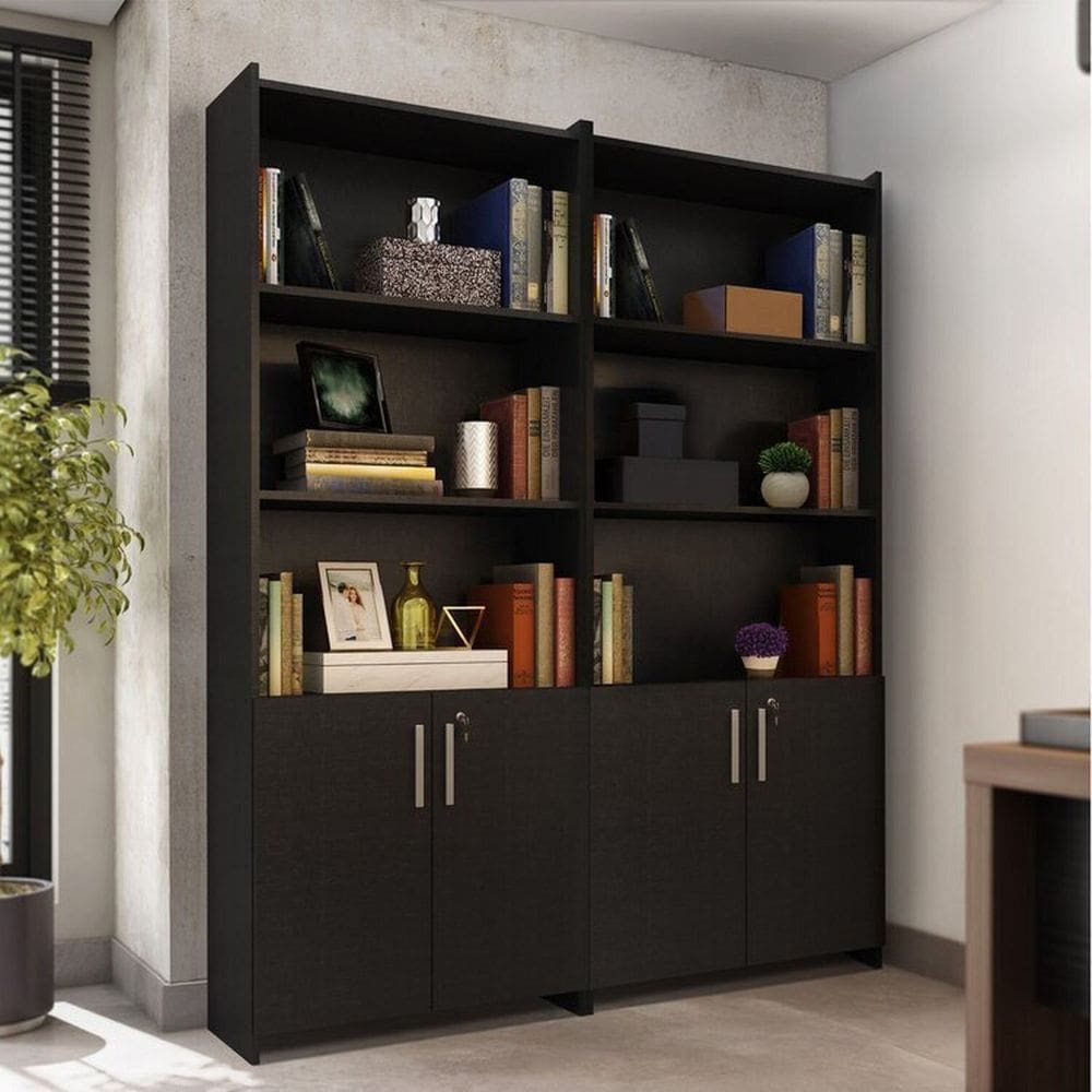Kit com 2 Armários para Escritório Semi-aberto 2 Portas com Chave Preto