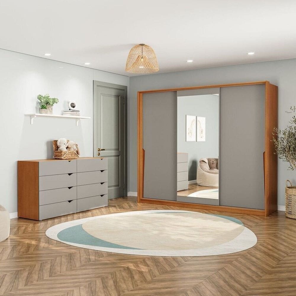 Conjunto Cômoda 8 Gavetas com Guarda Roupa 3 Portas Correr com Espelho Porto Cinza/Freijó