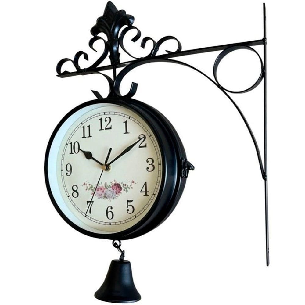 Relógio Retrô Com Sino Estação Trem Dupla Face Floral Preto