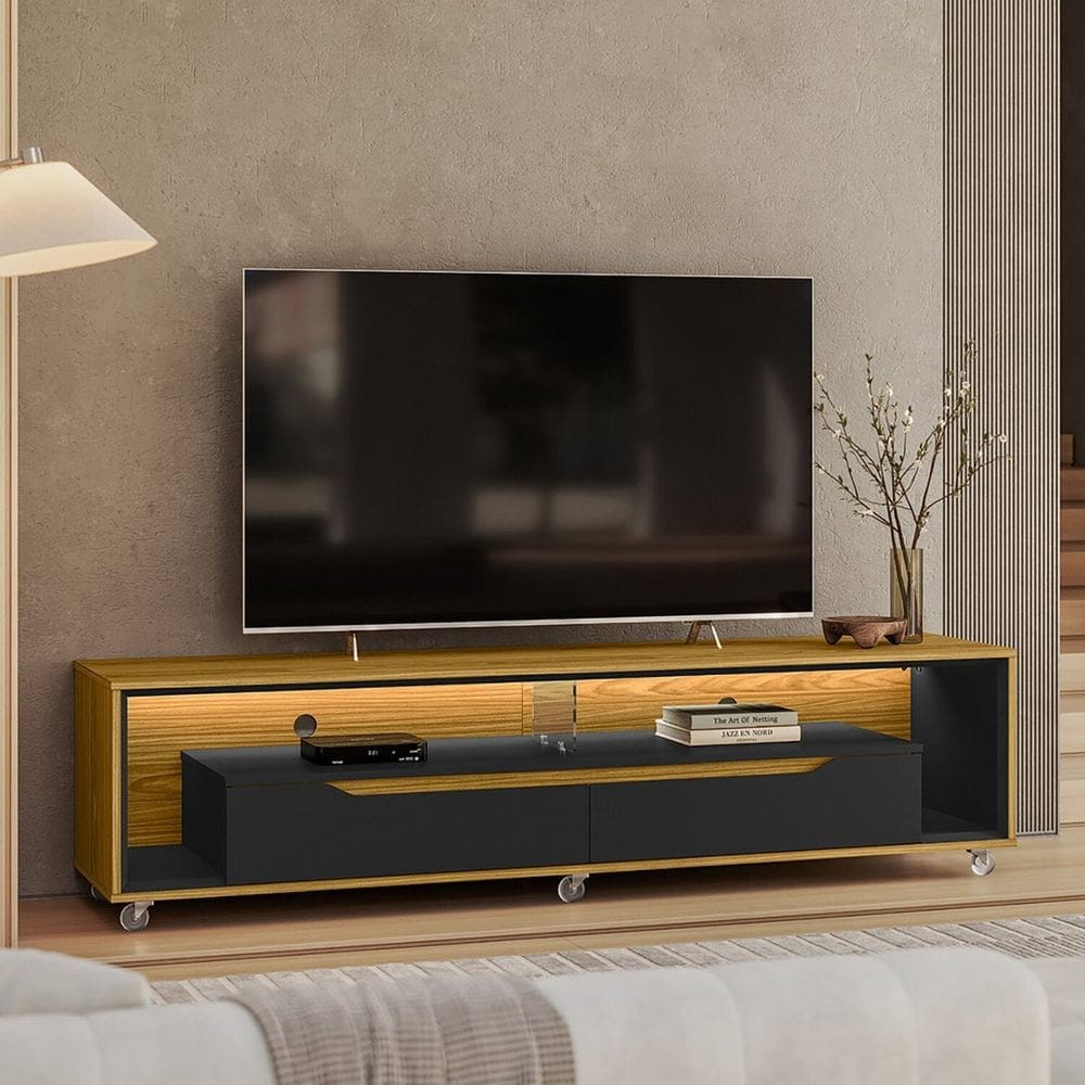 Rack para Tv 65 Polegadas com Led e Rodízios 175cm Contemporâneo Loop Freijó/Preto