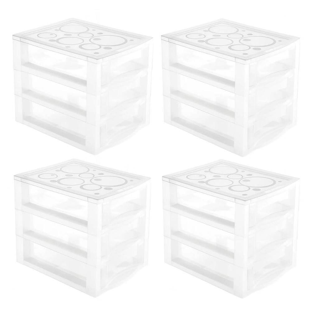 Kit 4 Gaveteiros Plásticos 3 Gavetas Ordene 16,5x13x13,5cm Porta Objetos Acessórios